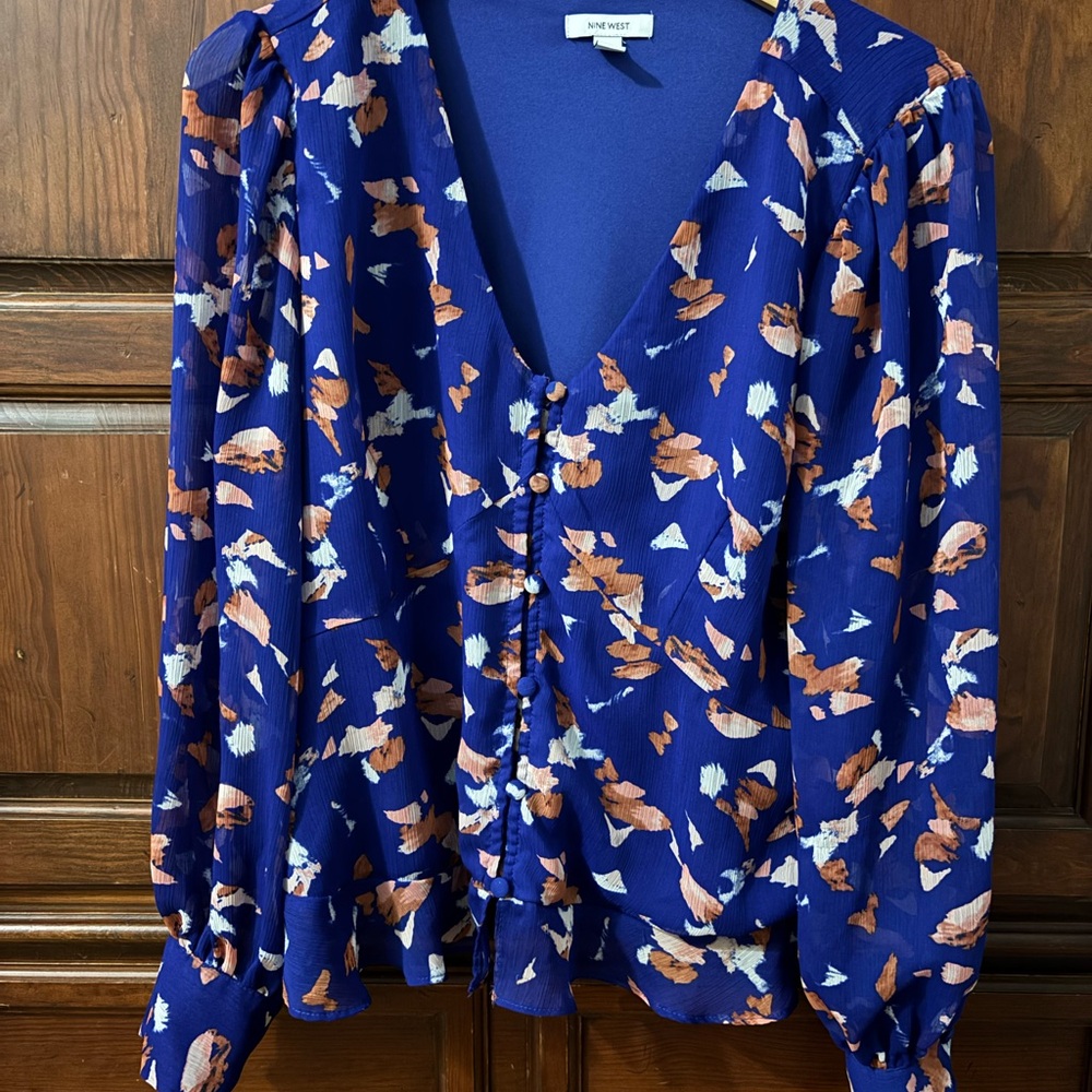 Nine West Blue Floral Blouse with Orange and White Accents